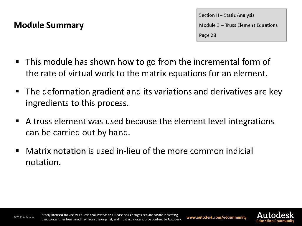 Section II – Static Analysis Module Summary Module 3 – Truss Element Equations Page