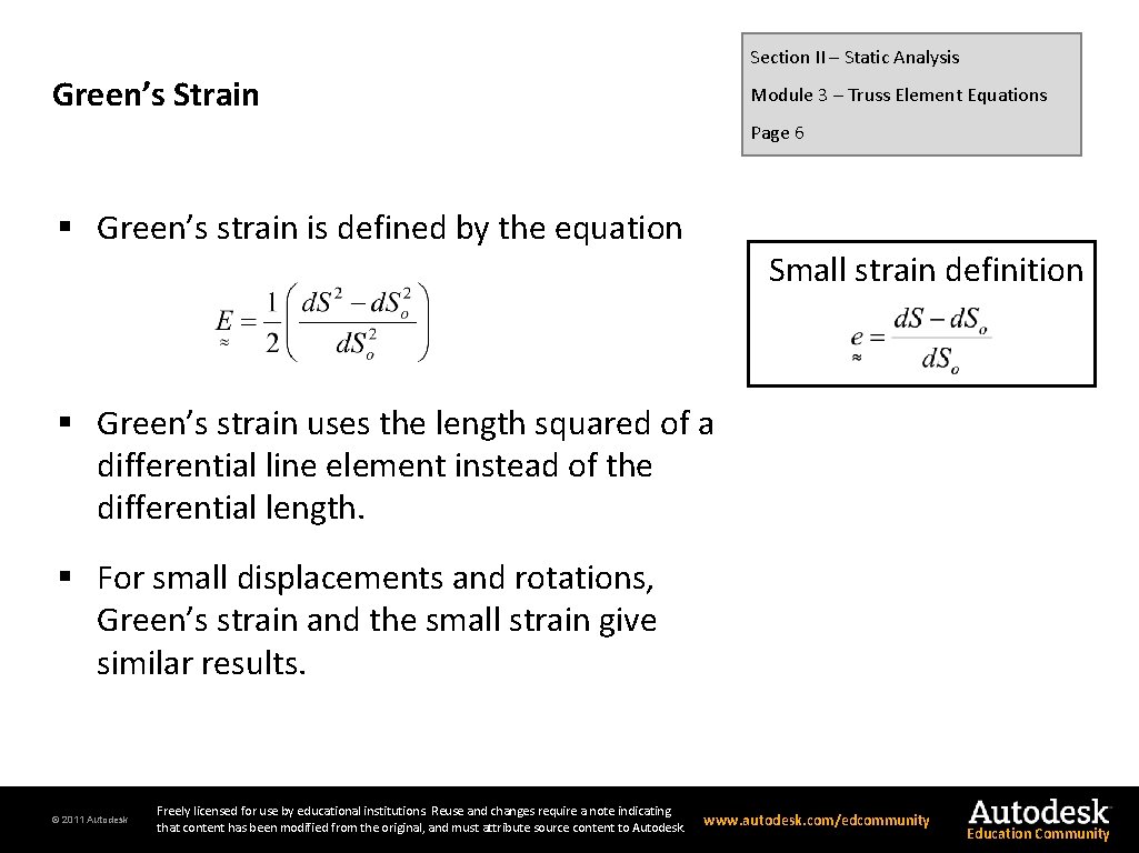 Section II – Static Analysis Green’s Strain Module 3 – Truss Element Equations Page