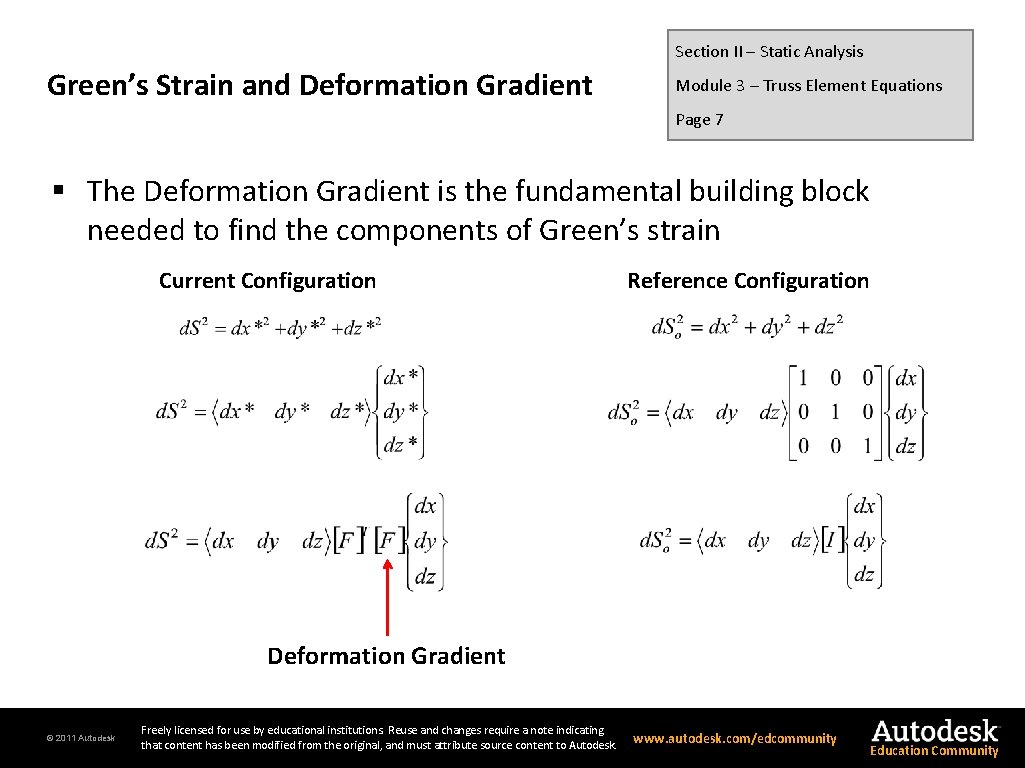 Section II – Static Analysis Green’s Strain and Deformation Gradient Module 3 – Truss