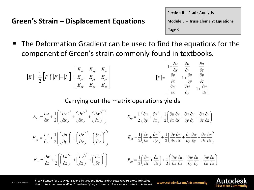 Section II – Static Analysis Green’s Strain – Displacement Equations Module 3 – Truss