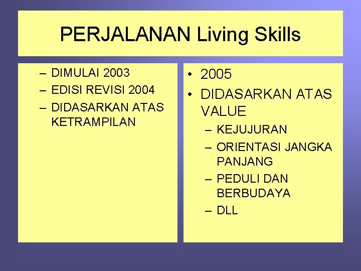 PERJALANAN Living Skills – DIMULAI 2003 – EDISI REVISI 2004 – DIDASARKAN ATAS KETRAMPILAN