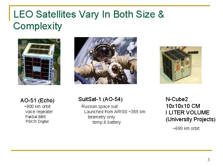 LEO Satellites Vary In Both Size & Complexity AO-51 (Echo) ~800 km orbit voice