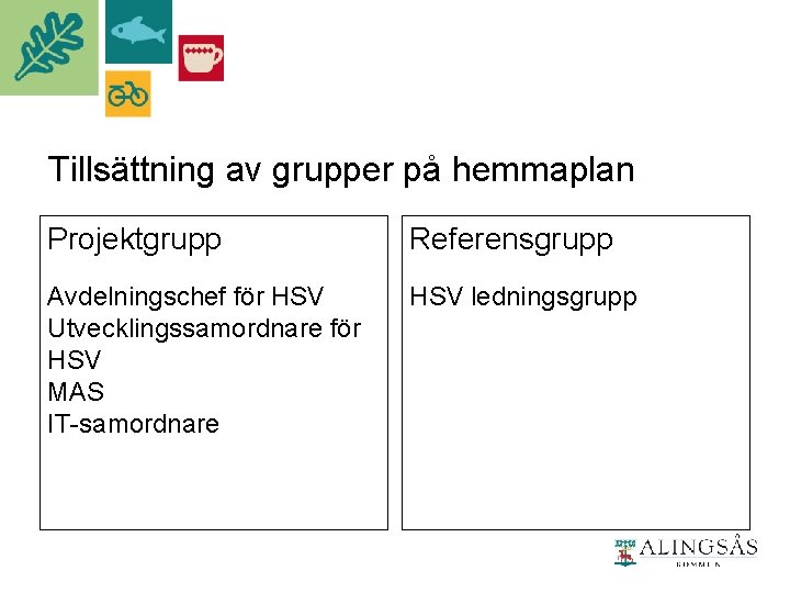 Tillsättning av grupper på hemmaplan Projektgrupp Referensgrupp Avdelningschef för HSV Utvecklingssamordnare för HSV MAS