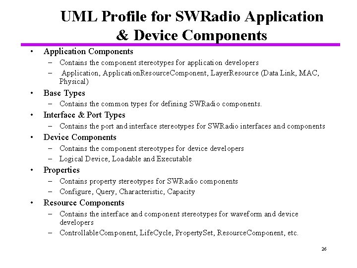 UML Profile for SWRadio Application & Device Components • Application Components – Contains the