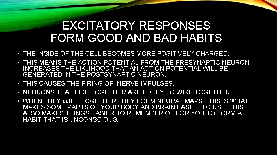 EXCITATORY RESPONSES FORM GOOD AND BAD HABITS • THE INSIDE OF THE CELL BECOMES