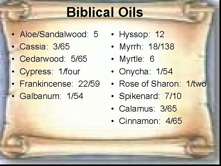 Biblical Oils • • • Aloe/Sandalwood: 5 Cassia: 3/65 Cedarwood: 5/65 Cypress: 1/four Frankincense: Biblical Oils • • • Aloe/Sandalwood: 5 Cassia: 3/65 Cedarwood: 5/65 Cypress: 1/four Frankincense: