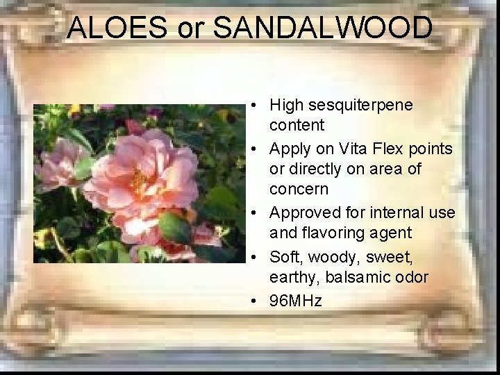 ALOES or SANDALWOOD • High sesquiterpene content • Apply on Vita Flex points or ALOES or SANDALWOOD • High sesquiterpene content • Apply on Vita Flex points or