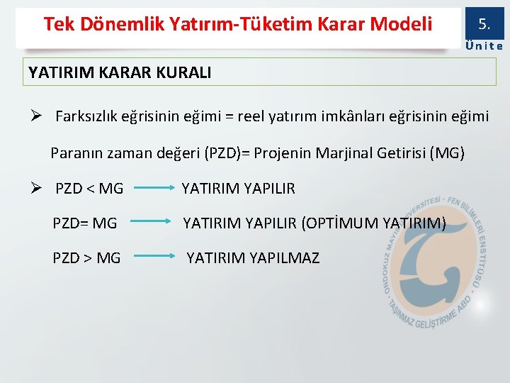 Tek Dönemlik Yatırım-Tüketim Karar Modeli 5. Ünite YATIRIM KARAR KURALI Ø Farksızlık eğrisinin eğimi