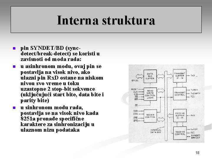 Interna struktura n n n pin SYNDET/BD (syncdetect/break-detect) se koristi u zavisnoti od moda