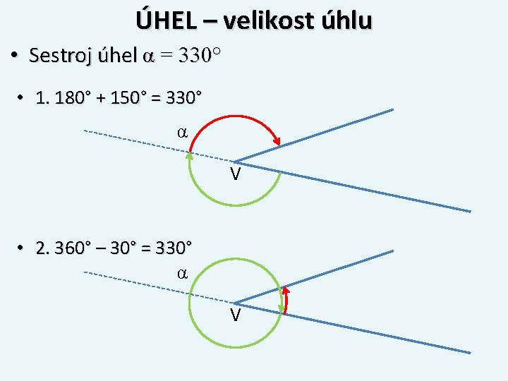 ÚHEL – velikost úhlu • Sestroj úhel α = 330° • 1. 180° +