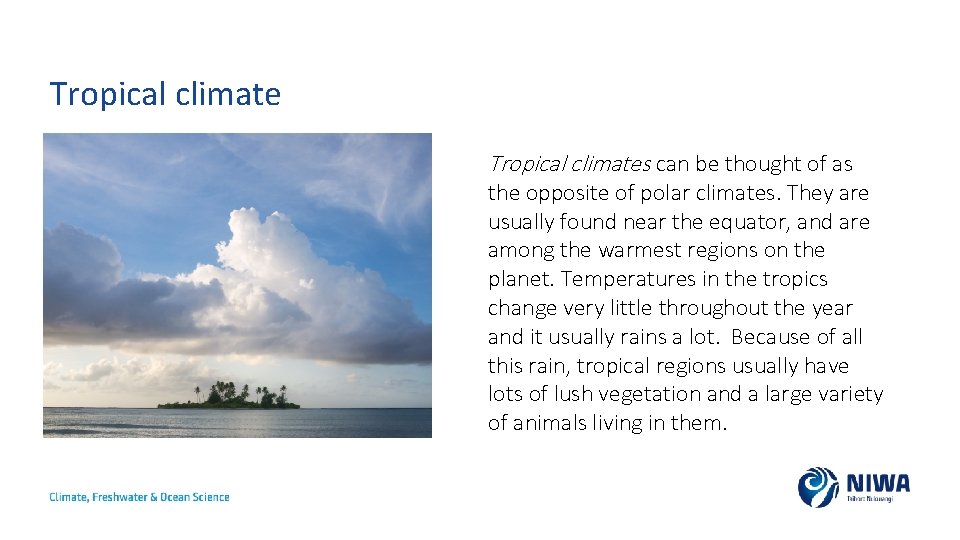 Tropical climates can be thought of as the opposite of polar climates. They are