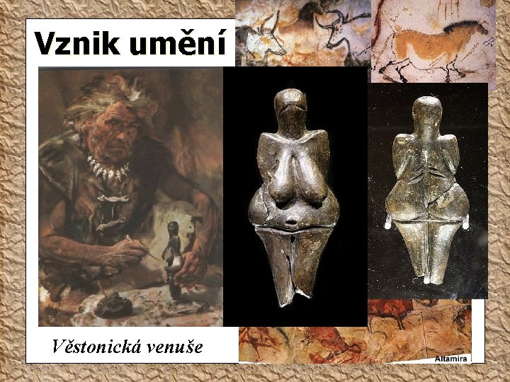 Vznik umění Sošky - venuše (kult plodnosti, hojnosti) Naleziště: Dolní Věstonice, Pavlov Jeskynní malby