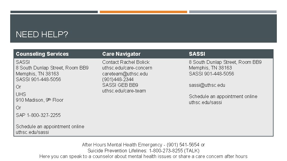 NEED HELP? Counseling Services Care Navigator SASSI 8 South Dunlap Street, Room BB 9