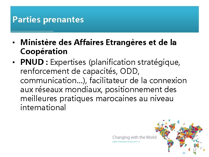 Parties prenantes • Ministère des Affaires Etrangères et de la Coopération • PNUD :