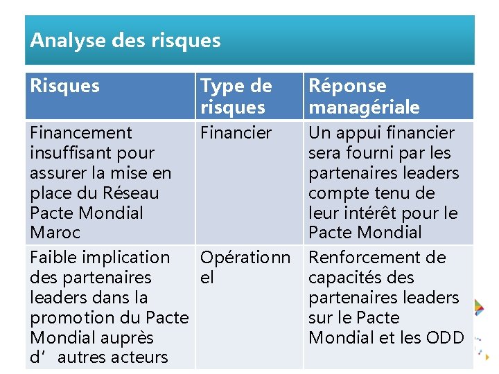 Analyse des risques Risques Type de risques Financement Financier insuffisant pour assurer la mise