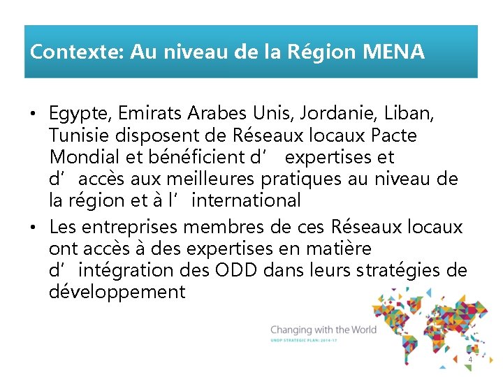 Contexte: Au niveau de la Région MENA • Egypte, Emirats Arabes Unis, Jordanie, Liban,