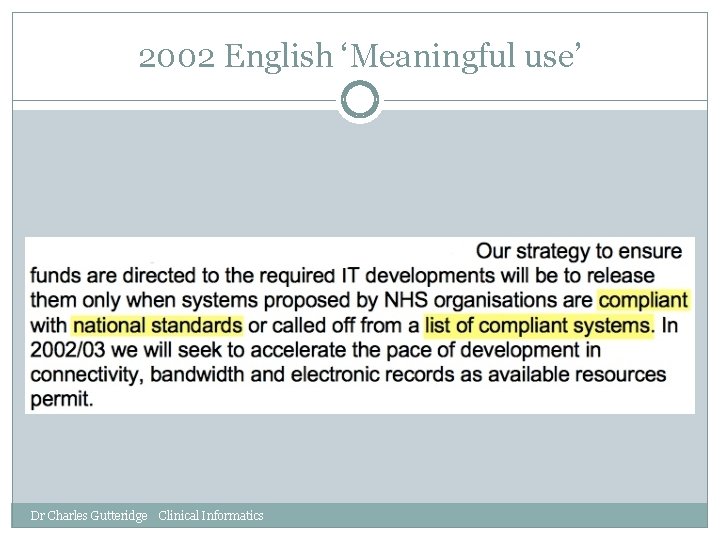 2002 English ‘Meaningful use’ Dr Charles Gutteridge Clinical Informatics 