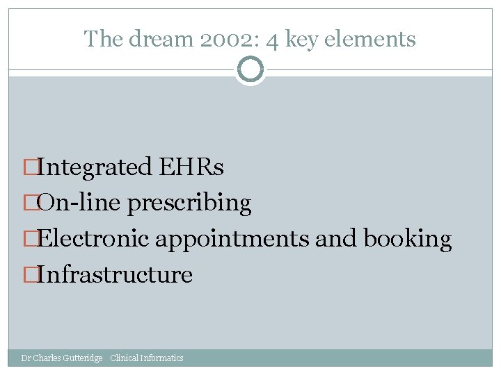 The dream 2002: 4 key elements �Integrated EHRs �On-line prescribing �Electronic appointments and booking