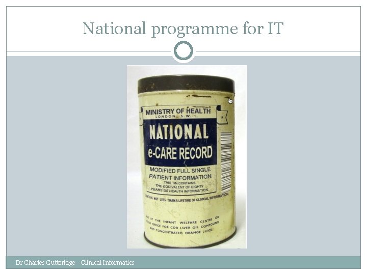 National programme for IT Dr Charles Gutteridge Clinical Informatics 