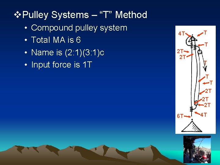 v. Pulley Systems – “T” Method • • Compound pulley system Total MA is