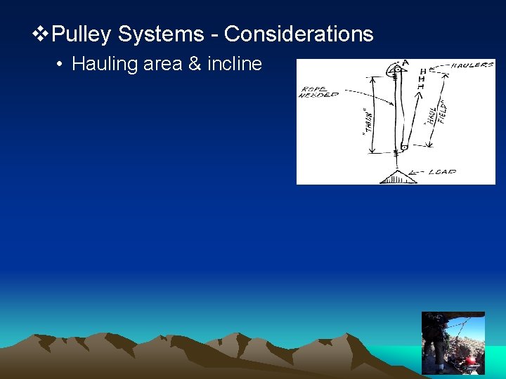 v. Pulley Systems - Considerations • Hauling area & incline 