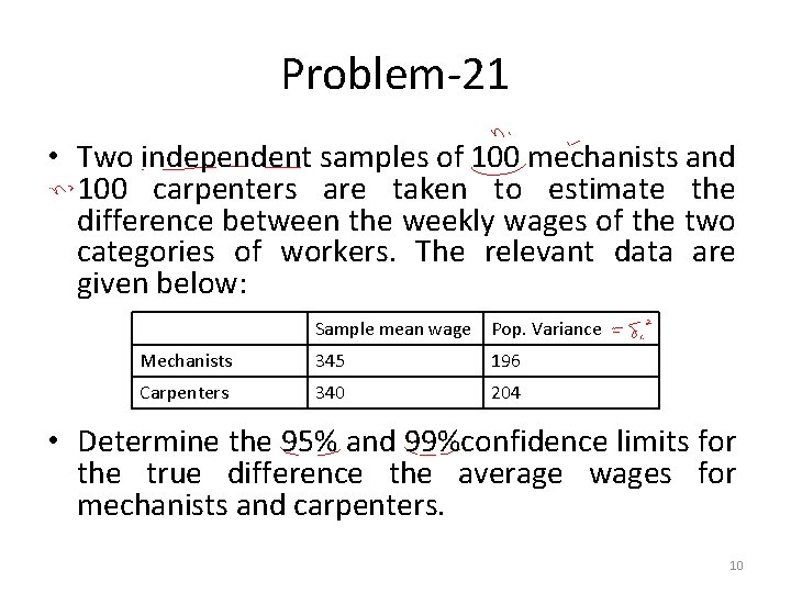 Problem-21 • Two independent samples of 100 mechanists and 100 carpenters are taken to