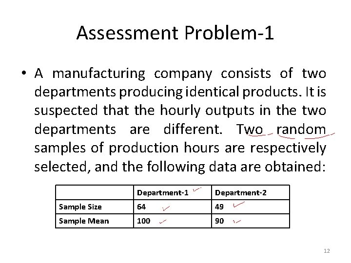 Assessment Problem-1 • A manufacturing company consists of two departments producing identical products. It