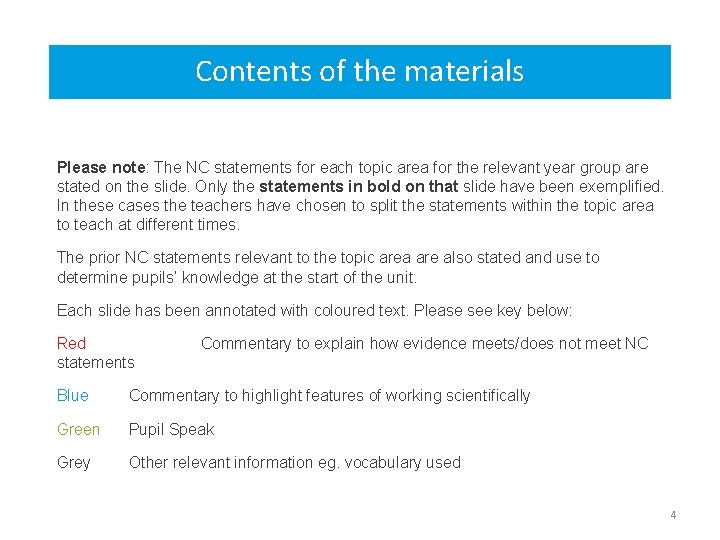 Contents of the materials Please note: The NC statements for each topic area for