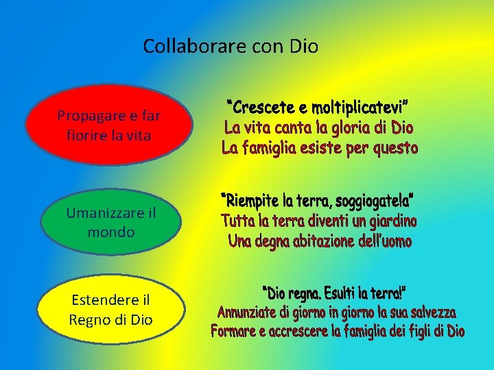 Collaborare con Dio Propagare e far fiorire la vita Umanizzare il mondo Estendere il