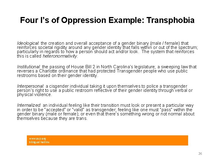 Four I’s of Oppression Example: Transphobia Ideological: the creation and overall acceptance of a