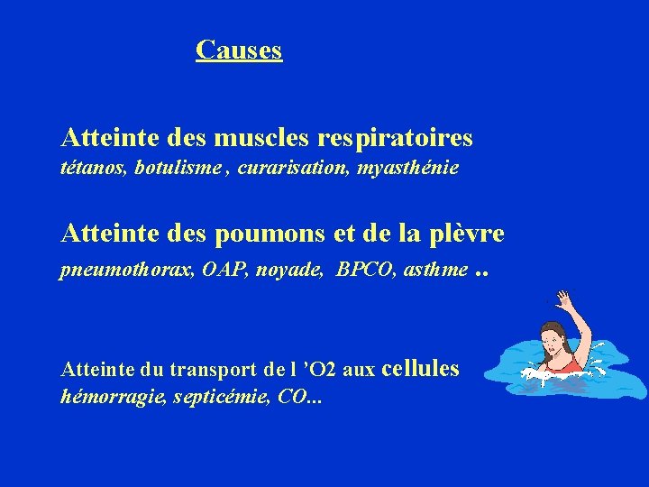 Causes Atteinte des muscles respiratoires tétanos, botulisme , curarisation, myasthénie Atteinte des poumons et