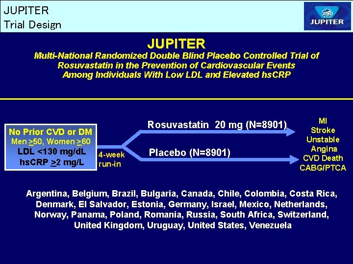 JUPITER Trial Design JUPITER Multi-National Randomized Double Blind Placebo Controlled Trial of Rosuvastatin in JUPITER Trial Design JUPITER Multi-National Randomized Double Blind Placebo Controlled Trial of Rosuvastatin in