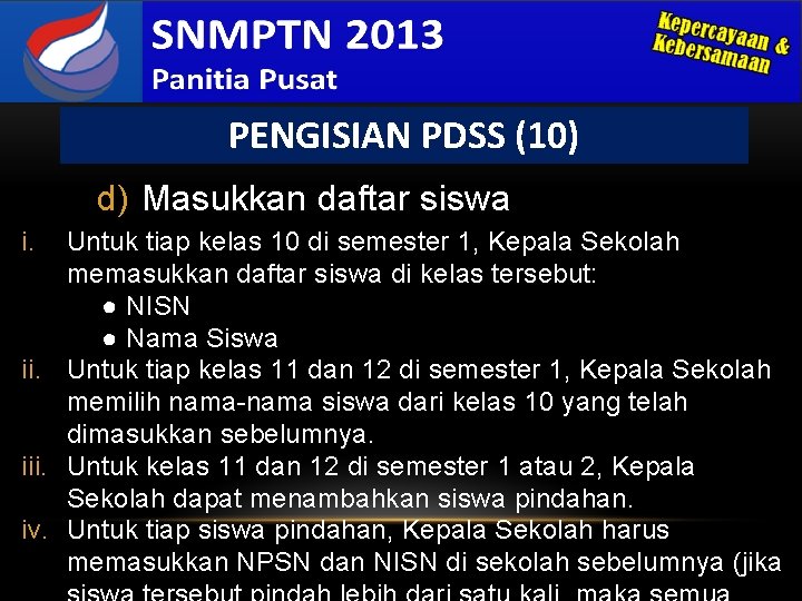 PENGISIAN PDSS (10) d) Masukkan daftar siswa i. Untuk tiap kelas 10 di semester