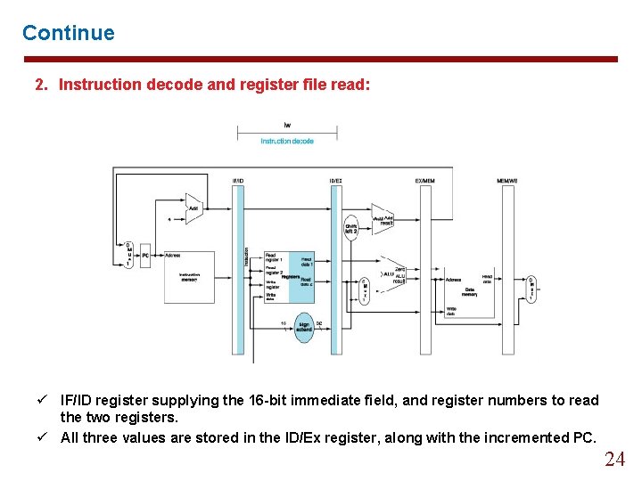 Continue 2. Instruction decode and register file read: ü IF/ID register supplying the 16