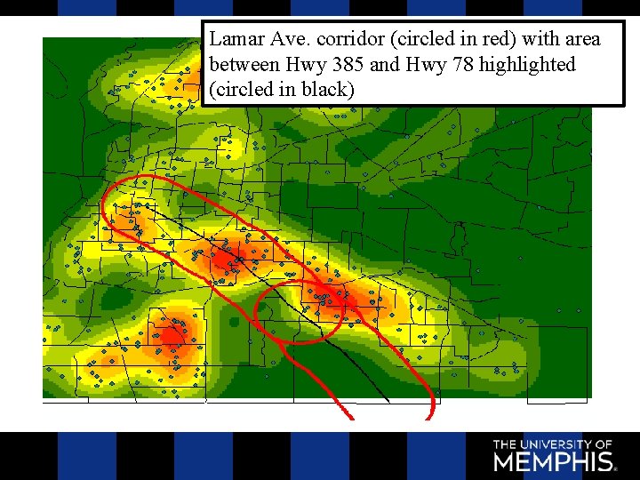 Lamar Ave. corridor (circled in red) with area between Hwy 385 and Hwy 78