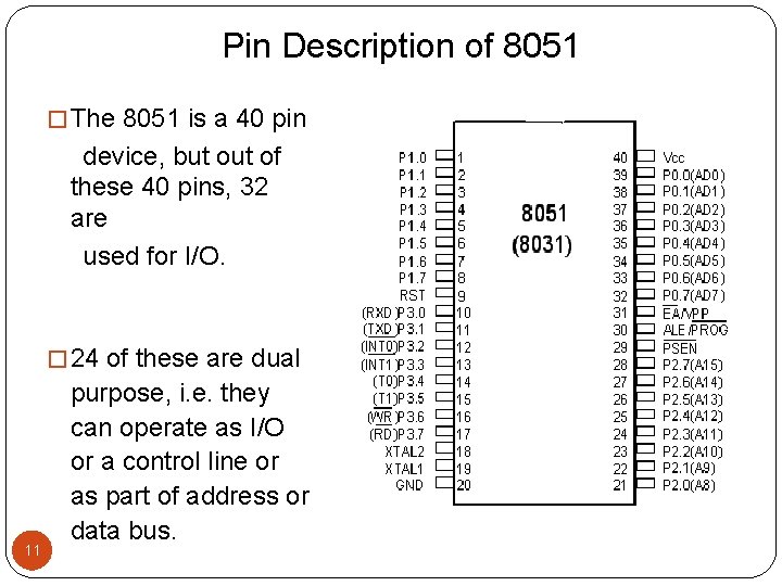 Pin Description of 8051 � The 8051 is a 40 pin device, but of