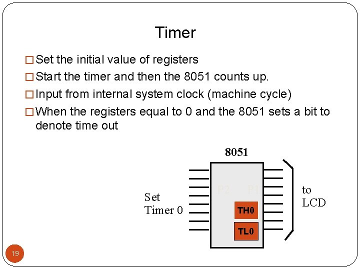 Timer � Set the initial value of registers � Start the timer and then