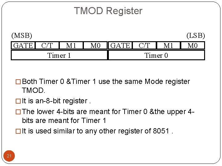 TMOD Register (MSB) GATE C/T M 1 Timer 1 M 0 GATE C/T M