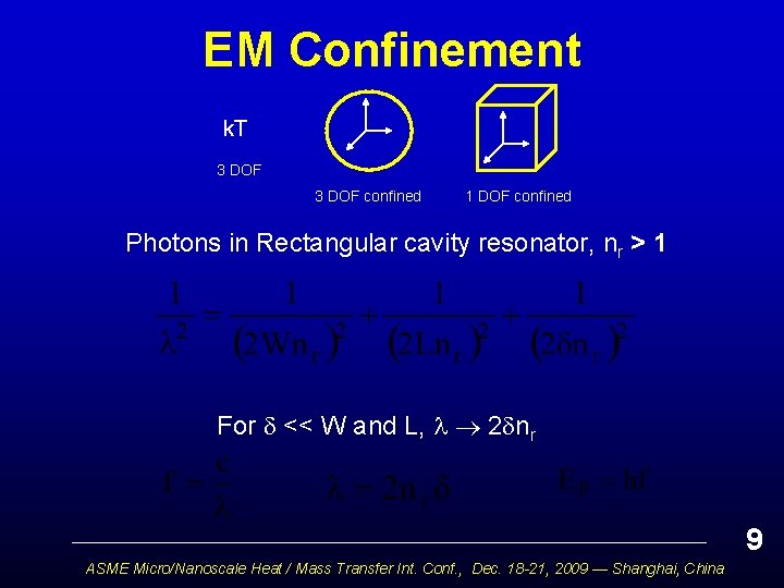 EM Confinement k. T 3 DOF confined 1 DOF confined Photons in Rectangular cavity