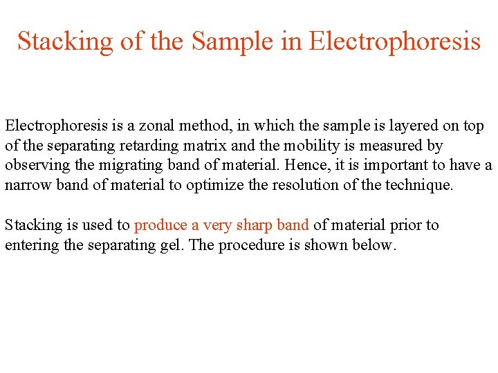 Stacking of the Sample in Electrophoresis is a zonal method, in which the sample