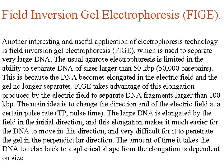 Field Inversion Gel Electrophoresis (FIGE). Another interesting and useful application of electrophoresis technology is