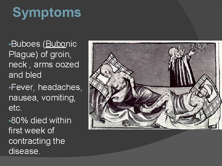 Symptoms • Buboes (Bubonic Plague) of groin, neck , arms oozed and bled •