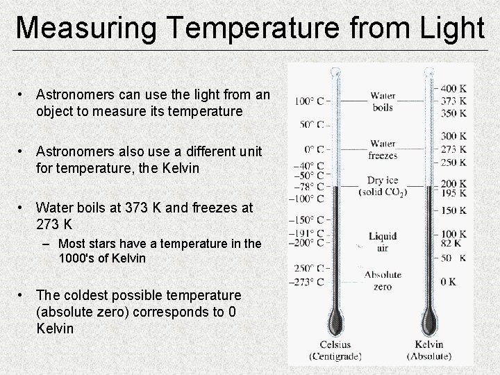 Measuring Temperature from Light • Astronomers can use the light from an object to