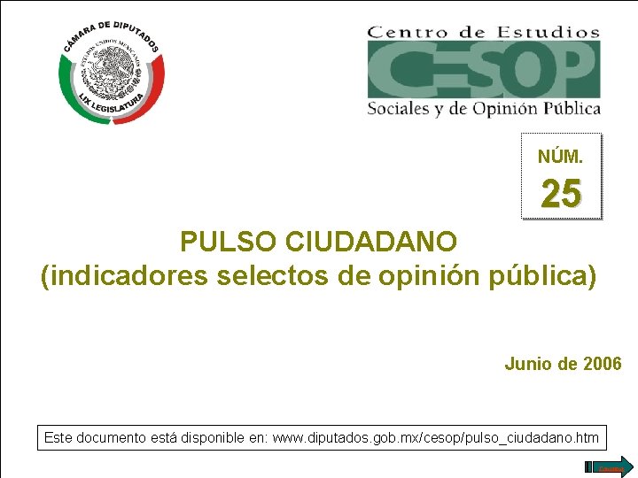 NÚM. 25 PULSO CIUDADANO (indicadores selectos de opinión pública) Junio de 2006 Este documento