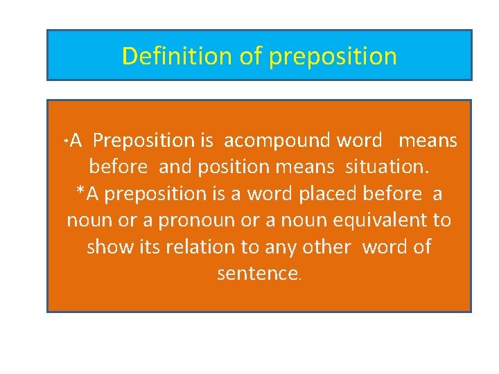 Definition of preposition A Preposition is acompound word means before and position means situation.