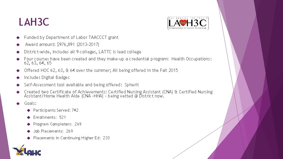 LAH 3 C Funded by Department of Labor TAACCCT grant Award amount: $976, 891