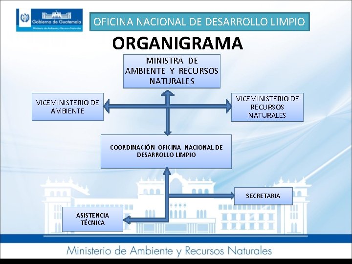 OFICINA NACIONAL DE DESARROLLO LIMPIO ORGANIGRAMA MINISTRA DE AMBIENTE Y RECURSOS NATURALES VICEMINISTERIO DE