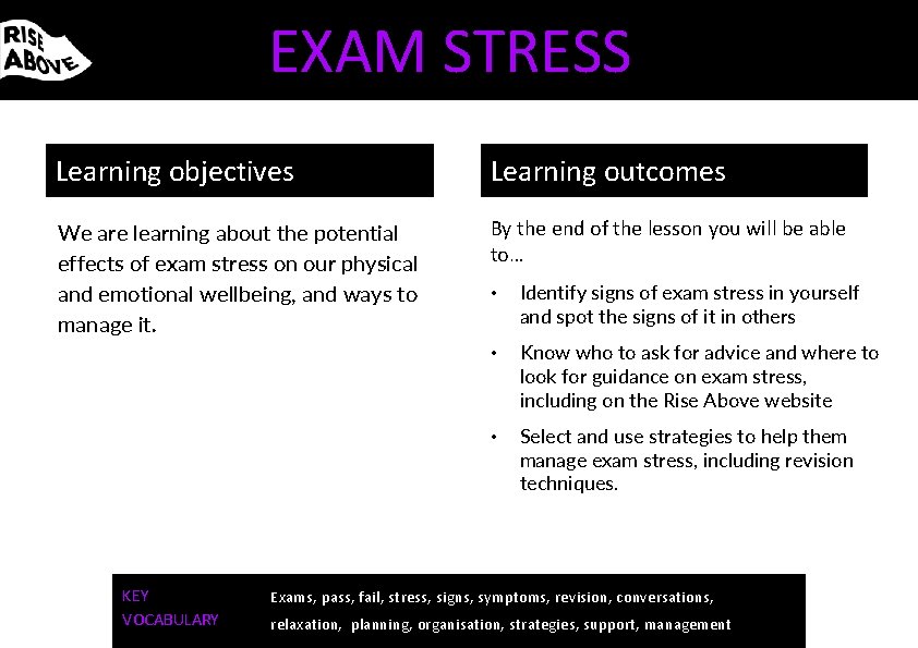 EXAM STRESS Learning objectives Learning outcomes We are learning about the potential effects of