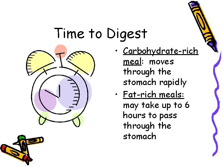 Time to Digest • Carbohydrate-rich meal: moves through the stomach rapidly • Fat-rich meals: