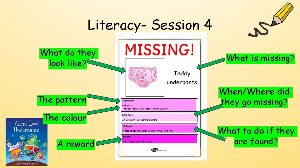 Literacy- Session 4 What do they look like? The pattern What is missing? When/Where